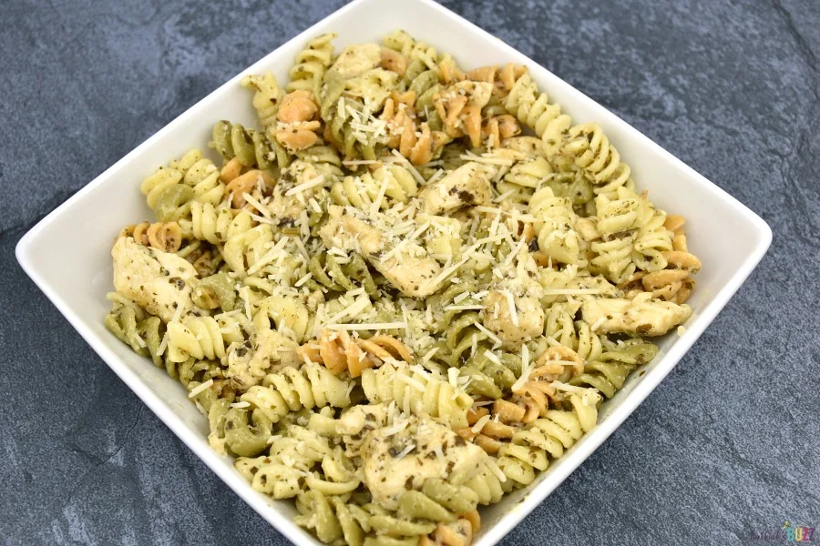 creamy chicken pesto pasta in bowl