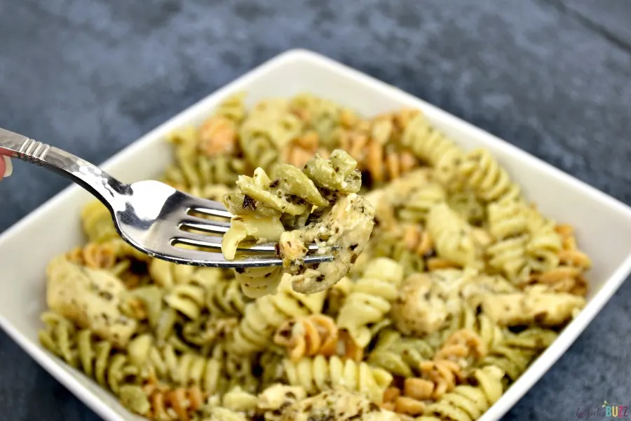 creamy chicken pesto pasta on fork