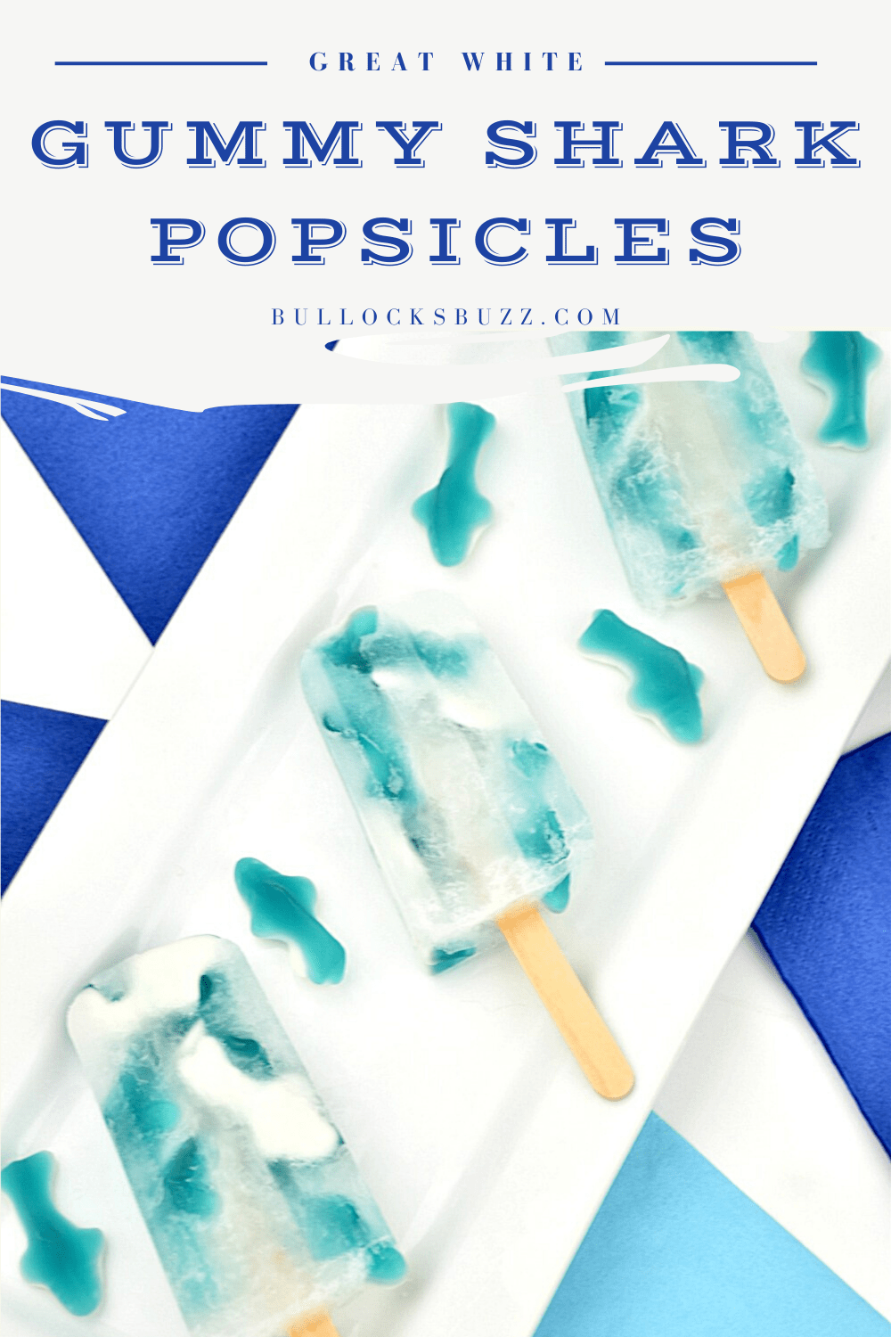 Fruit flavored gummy sharks are submerged in lemon-lime soda and frozen into delicious pops in this jawsome Great White Gummy Shark Popsicle recipe.