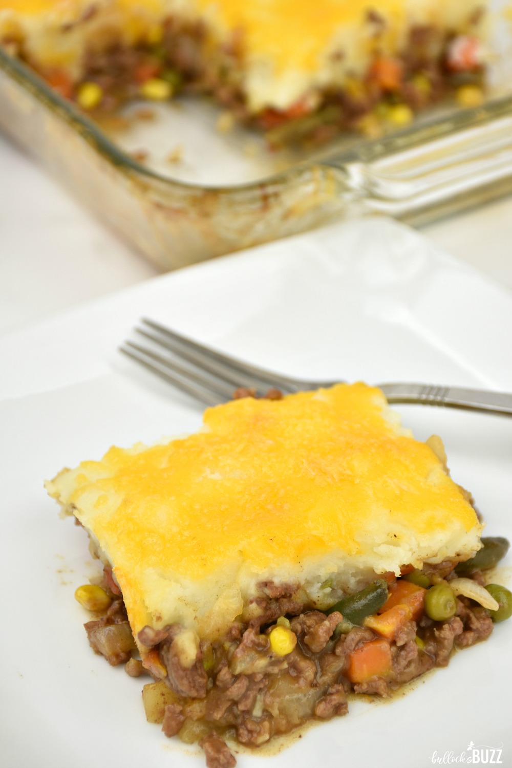 slice of Shepherd's Pie with form on a white plate