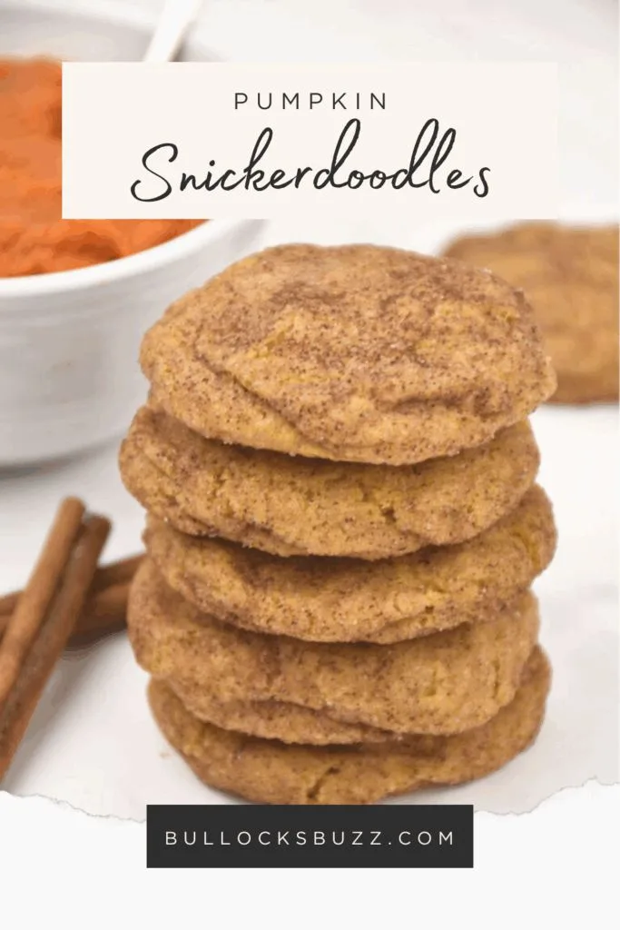 A stack of Pumpkin Snickerdoodles with a bowl of pumpkin behind them