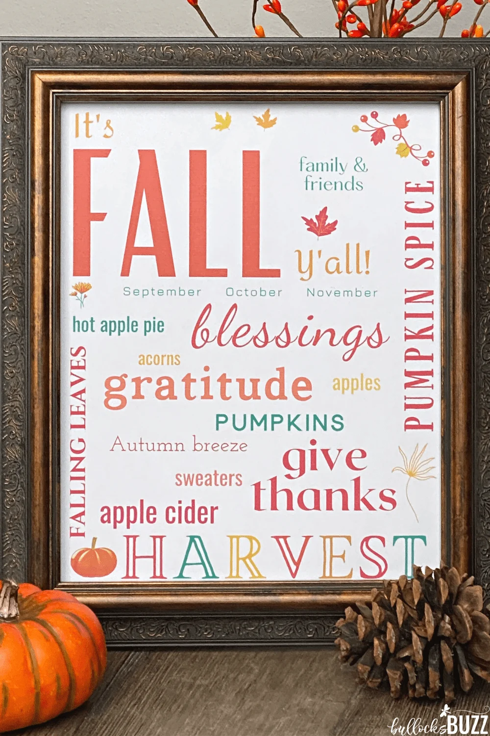 close up of fall subway art printable in frame