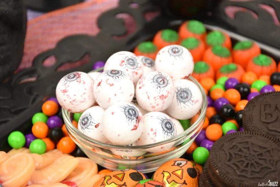 Close up of eyeball gum on Halloween candy board