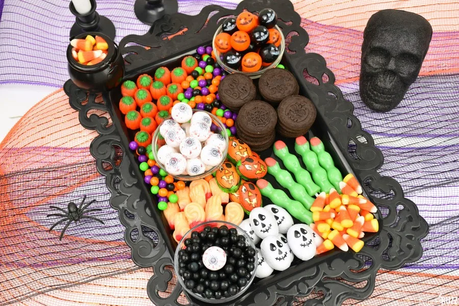 overhead shot of Halloween candy board