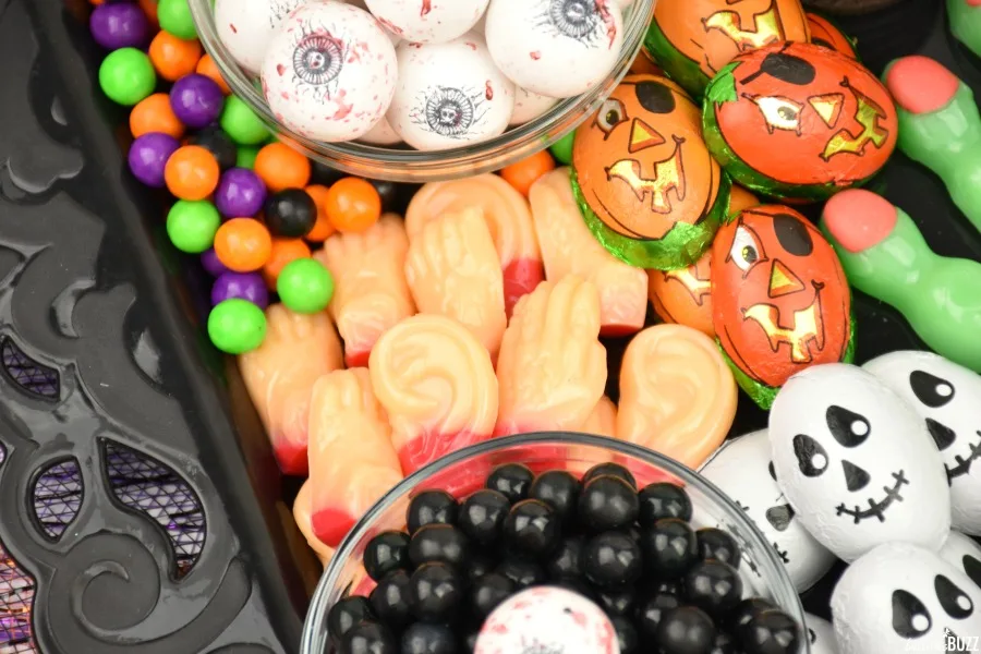 Close up of gummy candy body parts and other Halloween candies