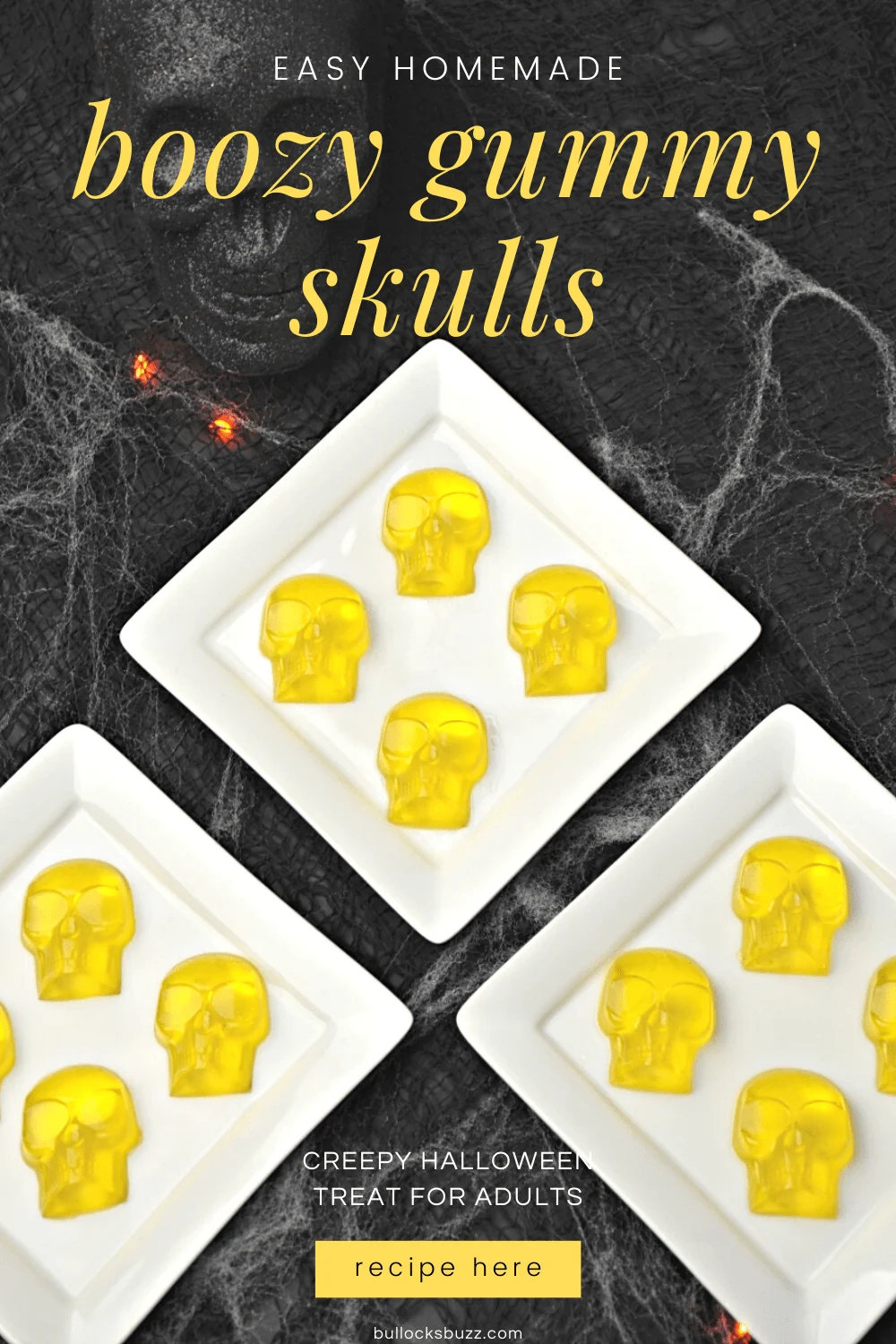 yellow skull-shaped gummies on white plate for Halloween