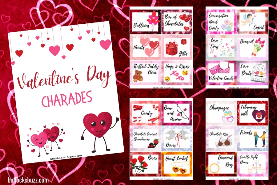 5 printable pages that are included with this Valentine's Charades printable game 