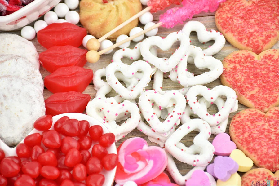 white chocolate covered pretzels on candy board for Valentine's Day