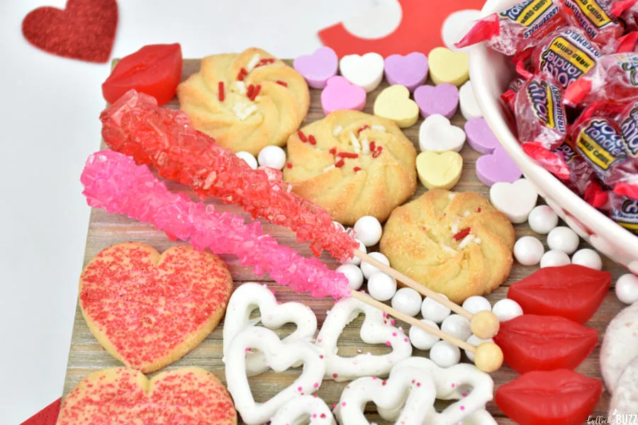 close up of rock candy on easy Valentine's Day Candy Board
