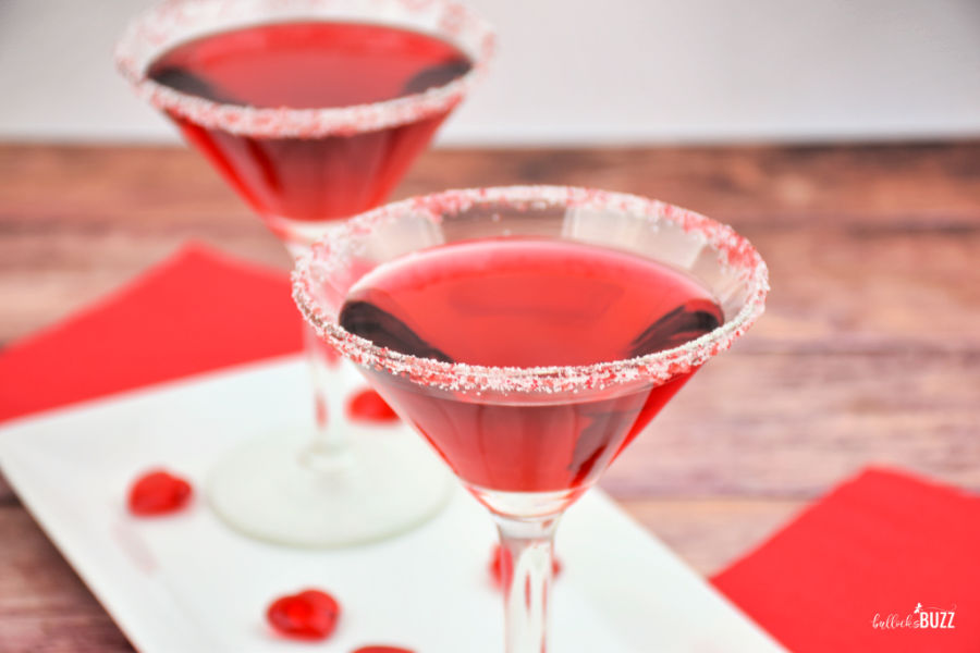 Valentine's Cocktail in martini glasses with sugar-sanded rims.