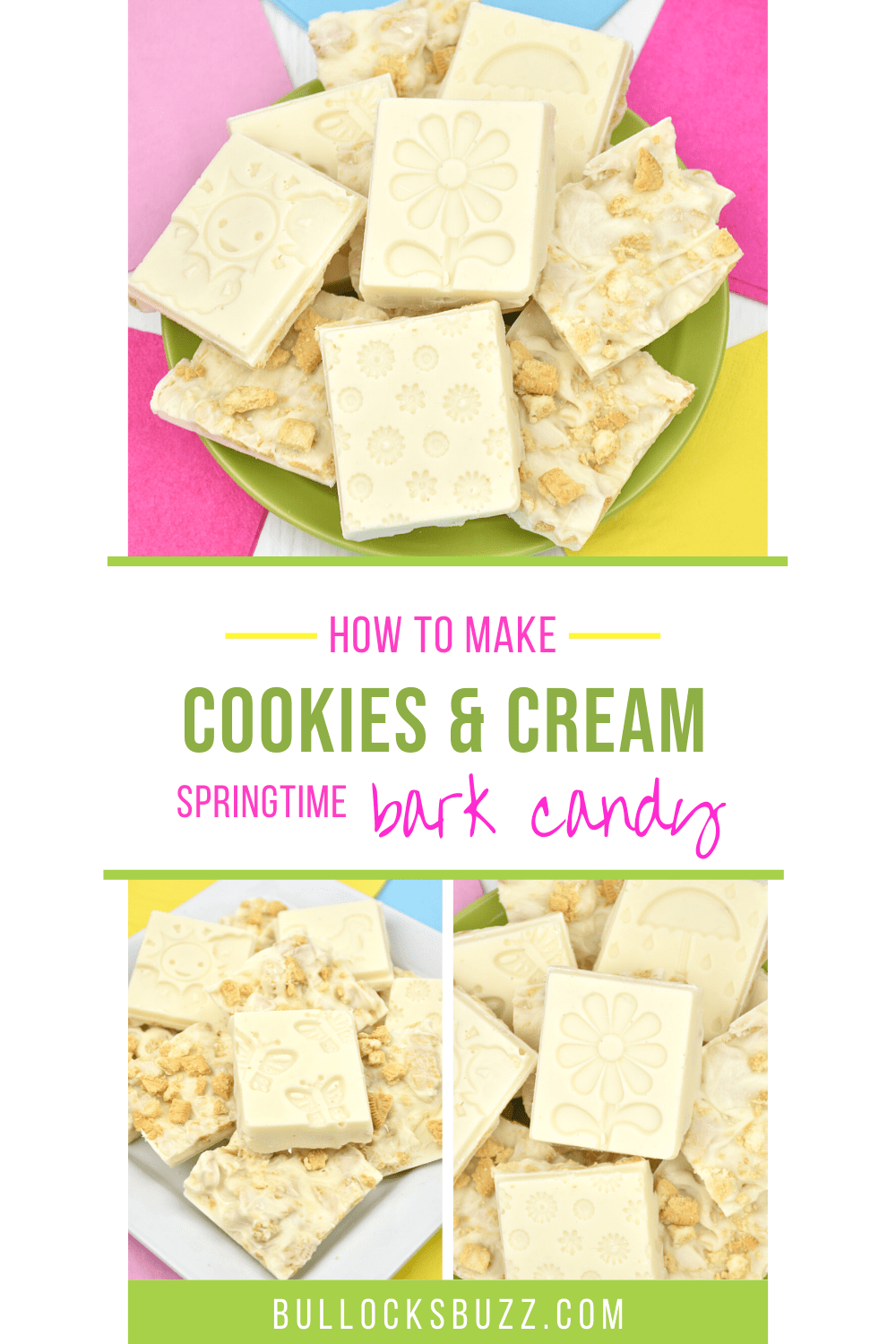Chunks of everyone's favorite cookie are drenched in rich, creamy white chocolate in this melt-in-your-mouth dessert with an extra crunch! But what really makes this recipe stand out are the cute little springtime designs that are on one side of the finished bark!