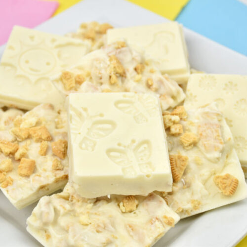 springtime cookies and cream bark candy on white plate