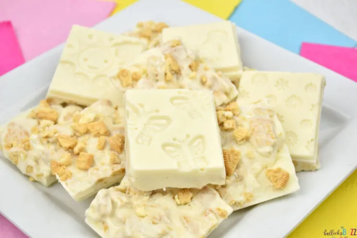 springtime cookies and cream bark candy on white plate