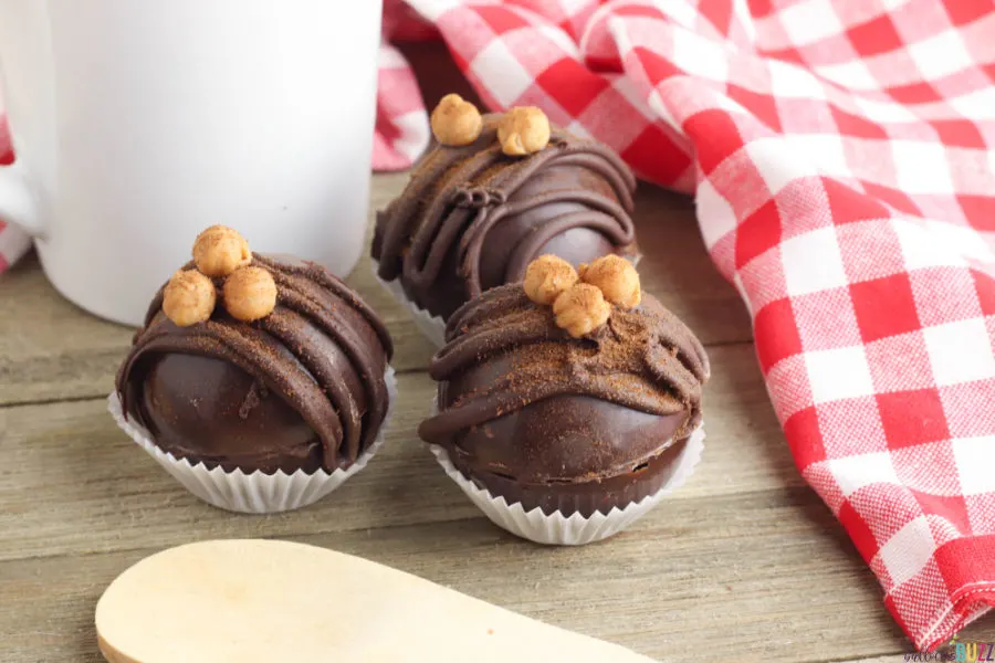 Caramel Mocha Coffee Bombs topped with caramel bits and espresso powder