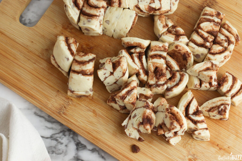 cinnaon rolls cut into small pieces for Cinnamon Apple Monkey Bread recipe