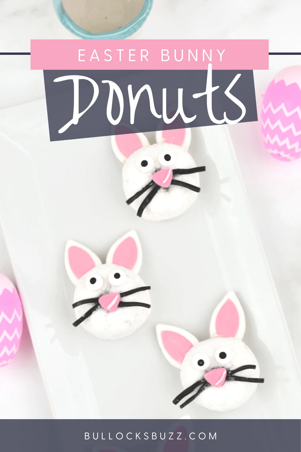 Easter Bunny Donuts are an easy no-bake Easter dessert that everyone will love! Delicious white powdered donuts are topped with adorable bunny ears and faces in this fun recipe that doubles as Easter dessert table decor.