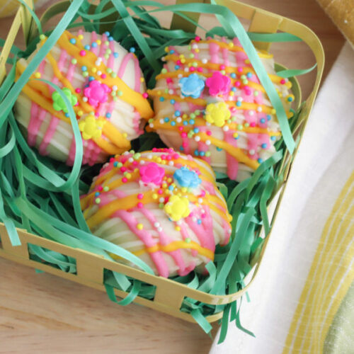 Easy Springtime Hot Chocolate Bombs in a basket