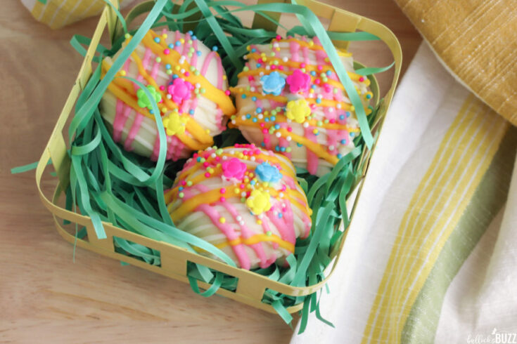 Easy Springtime Hot Chocolate Bombs in a basket