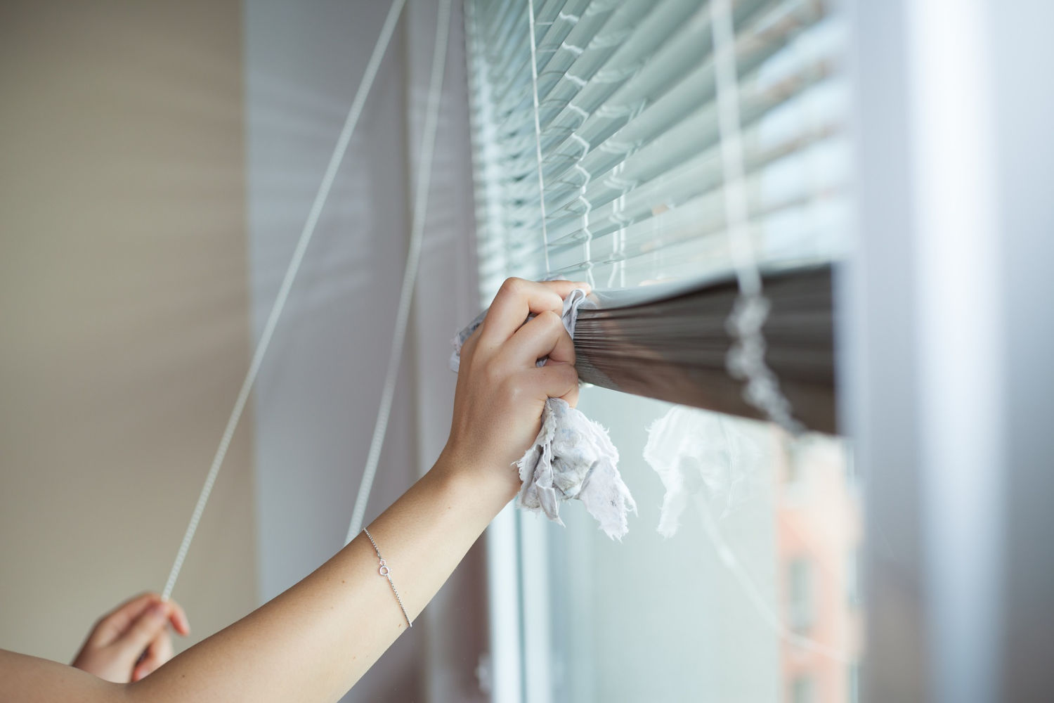 woman cleaning blinds