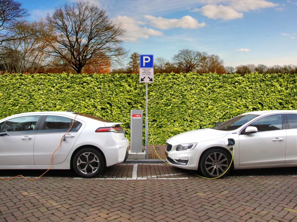 electric cars parked and charging