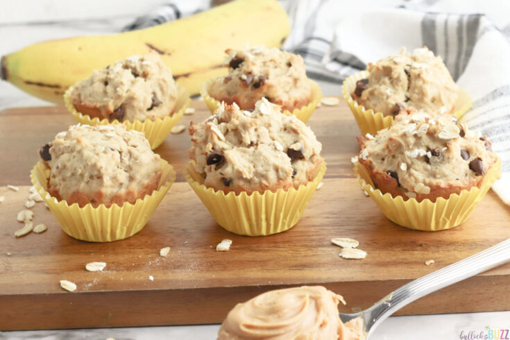 fresh-out-of-the-oven Peanut Butter Banana Chocolate Chip muffins