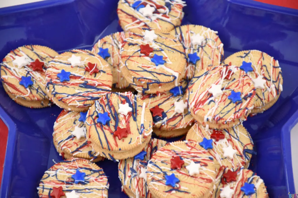 close up of Patriotic Oreos on a blue star-shaped dish