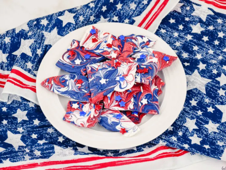 patriotic candy bark on white plate