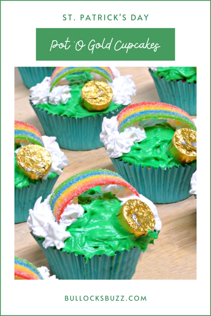 Liven up your St. Patty's celebration with these delicious vanilla cupcakes that are baked to golden perfection then decorated with clouds, a rainbow, and a pot of gold in this fun and tasty St. Patrick's Day Pot O' Gold Cupcakes recipe. #recipes #StPatricksDay