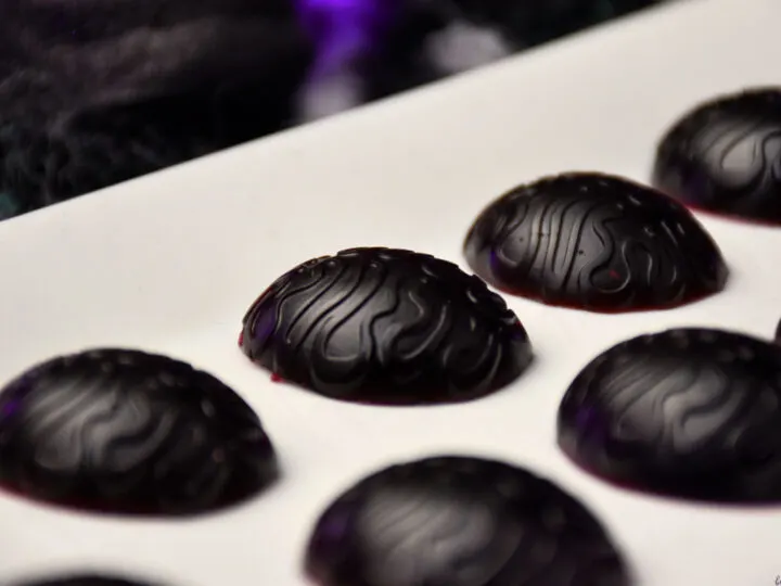 close up of Halloween boozy gummy brains on plate