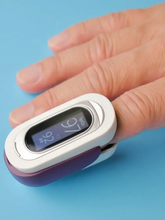 a pulse oximeter like this one can be used to check your oxygen level at home