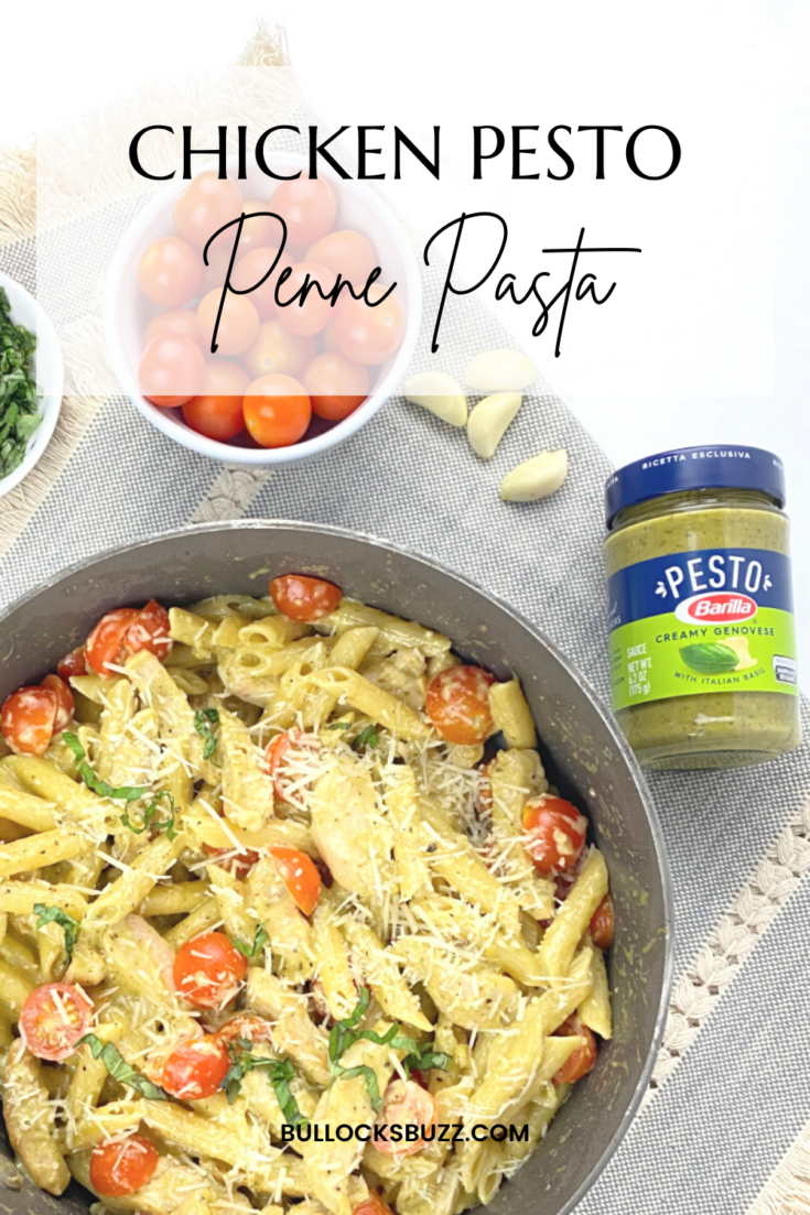Chicken Pesto Penne Pasta dinner in pot with jar of Barilla Creamy Genovese Pesto next to it