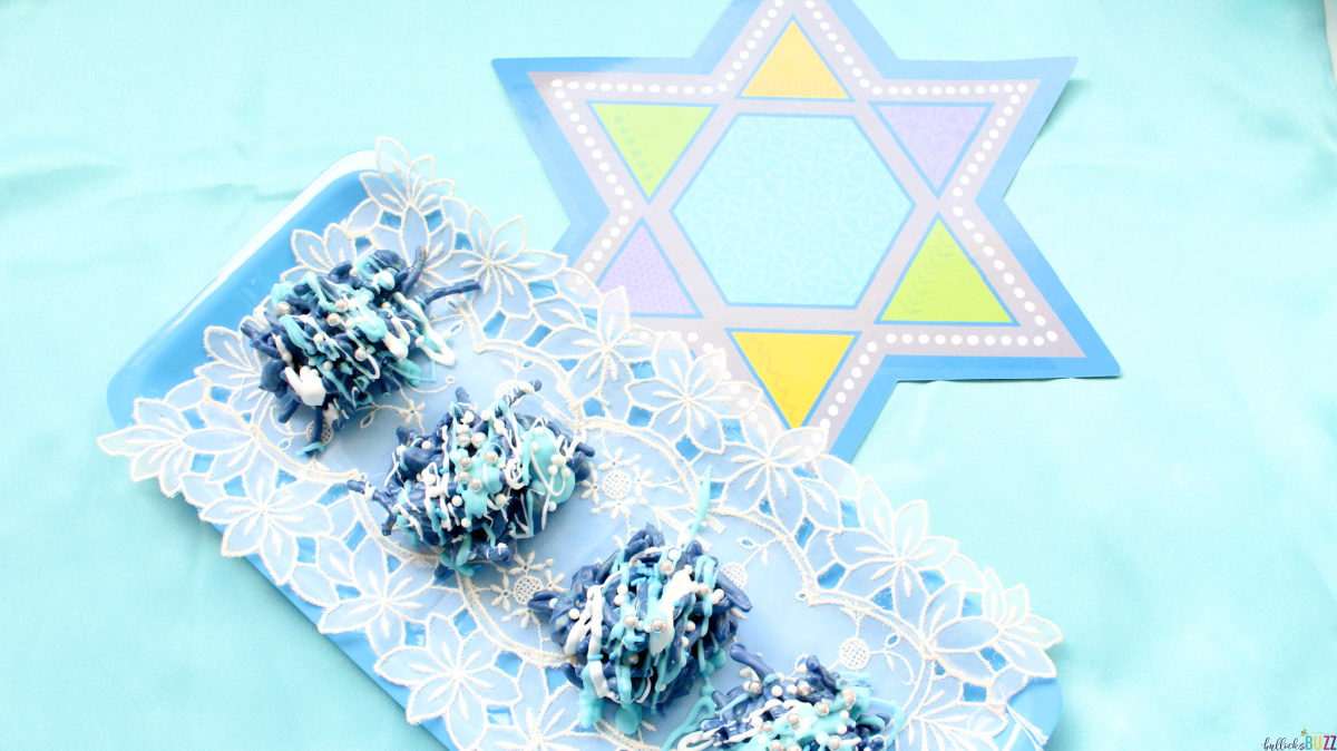 Hanukkah Haystacks on tray with Star of David in background
