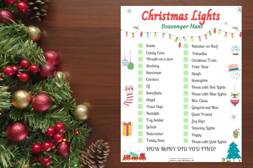 Christmas Lights Scavenger Hunt Game Printable - Holiday Family Activity - Bullock's  Buzz