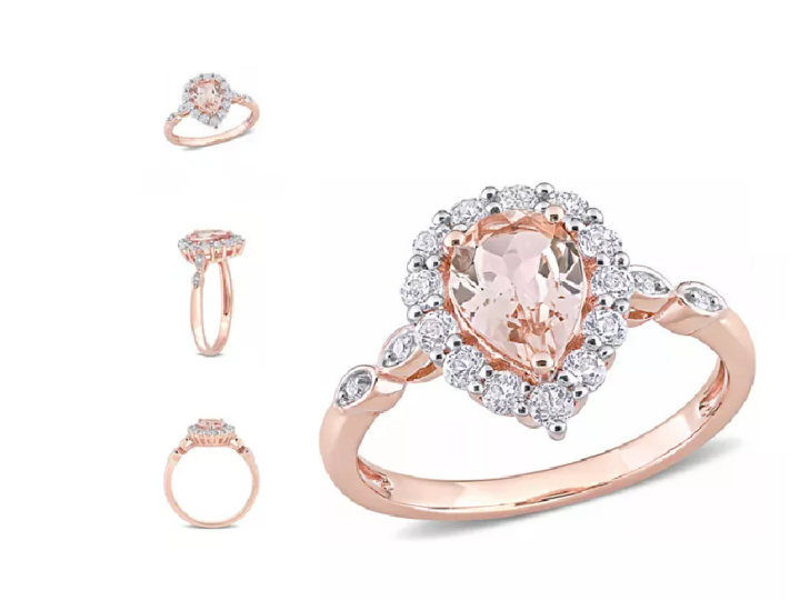 pink Morganite stone surrounded by diamonds in a rose gold ring