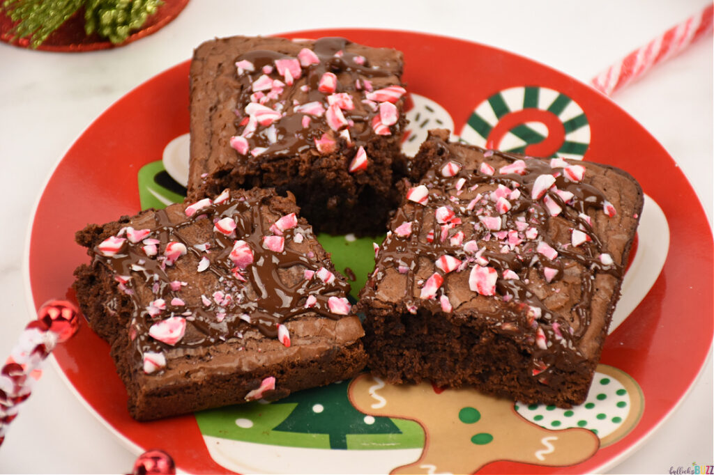 peppermint brownies on holiday plate