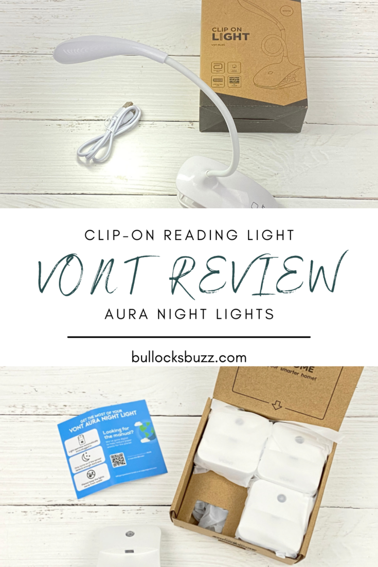 a Vont Clip-On LED Reading Light outside of its packaging and a package of 4 Vont Aura Night Lights