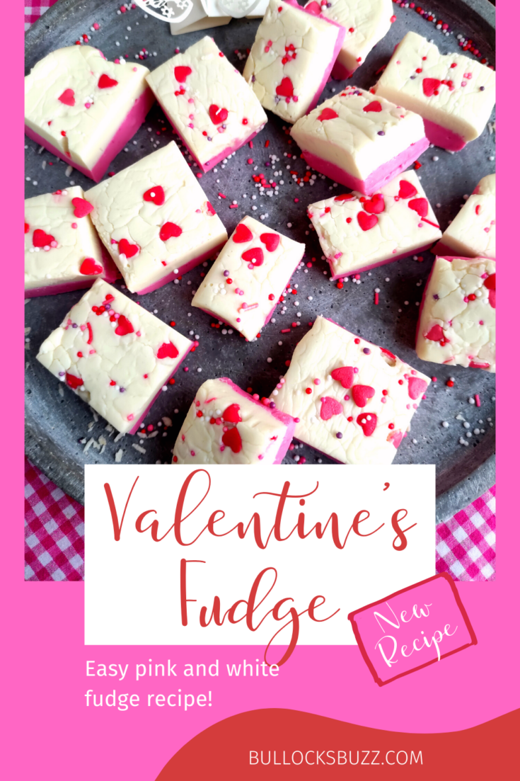 pink and white layered fudge decorated with Valentine's sprinkles