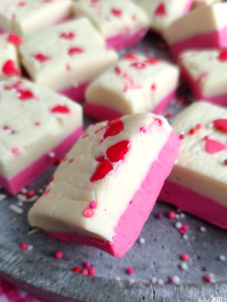 Easy Valentine's Day Fudge Recipe NoBake Pink and White Layered Fudge