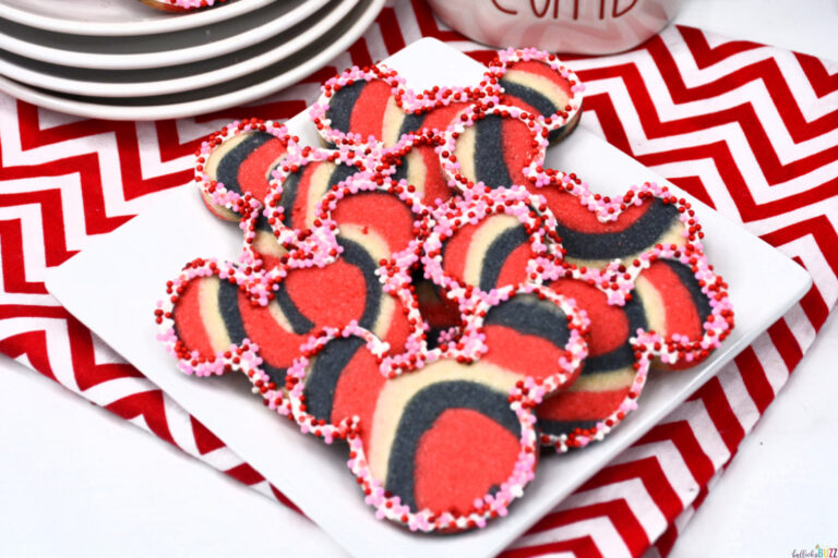 red, black, and white Mickey Mouse Tie Dye Cookies for Valentine's Day