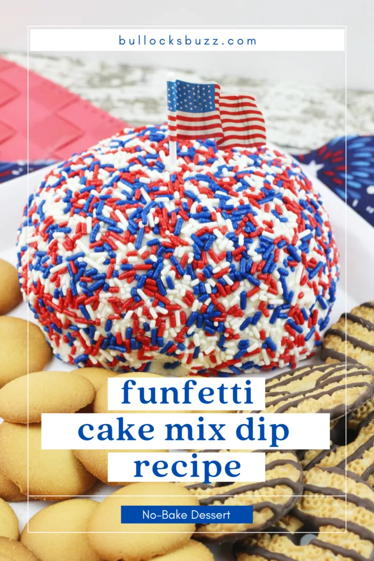 This deliciously sweet Patriotic Funfetti Cake Cheese Ball is made with nothing more than some colorful Funfetti cake mix that's shaped into a ball, and then dipped in red, white and blue jimmies. It's sure to be the star of your patriotic bash! #patrioticrecipe #cakemixrecipe #cakemixdip #fourthofjuly