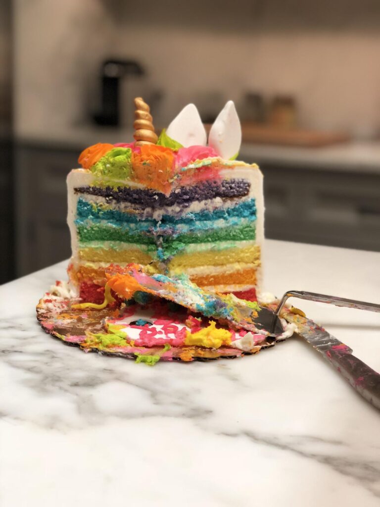 a unicorn cake as part of a unicorn party one of the most popular birthday party themes for girls