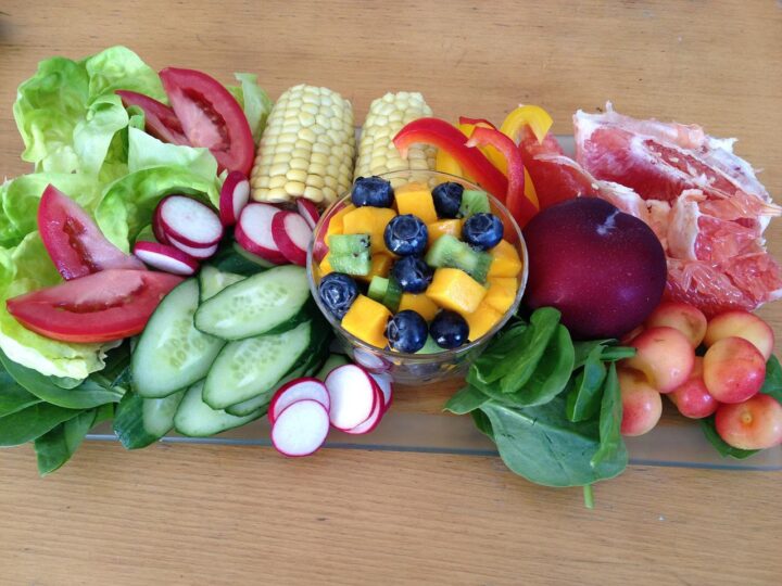 fruits and veggies on a tray as way of boosting protein on a plant-based diet