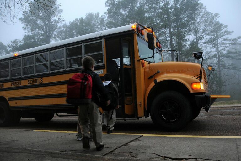 child getting on school bus