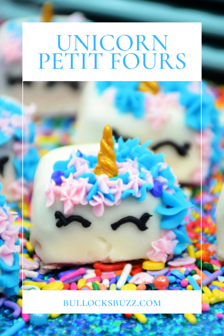Bright, colorful and full of delicious magic, these Unicorn Petit Fours are perfect for birthday parties, celebrations, to brighten someone's day, or for no reason at all! #desserts #cakes #petitfours #unicorn
