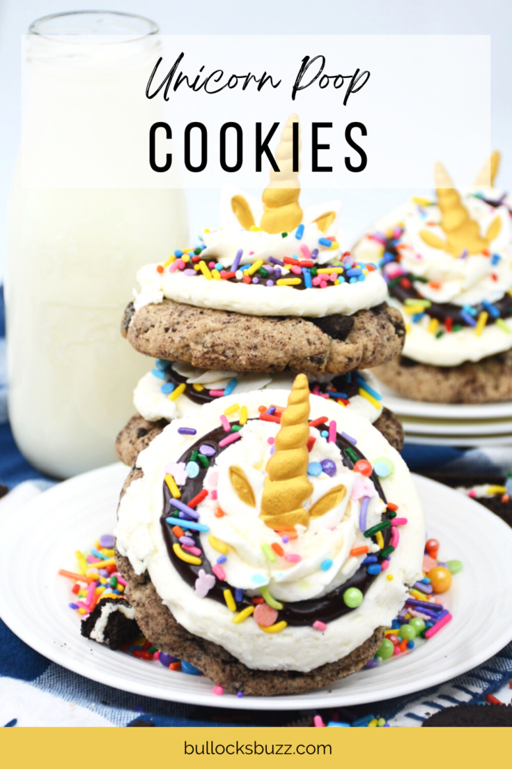 Sugar cookies with crushed Oreos mixed in are topped with homemade vanilla frosting, chocolate ganache and rainbow sprinkles in this fun and delicious Unicorn Poop Cookies recipe. #cookies #dessert #easyrecipes #unicornrecipes