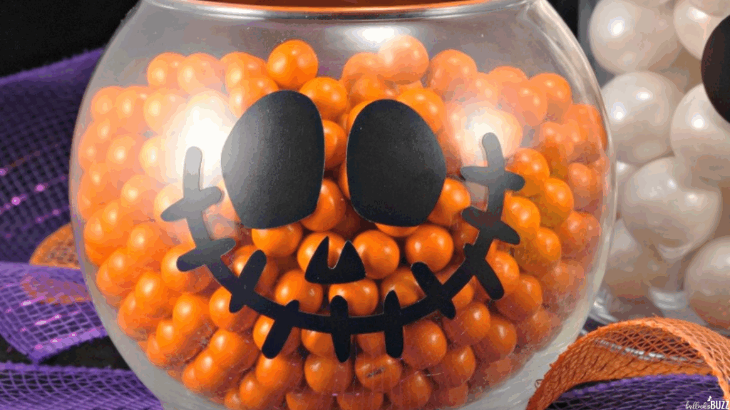 Close up of Jack o Lantern DIY Halloween Candy Jar