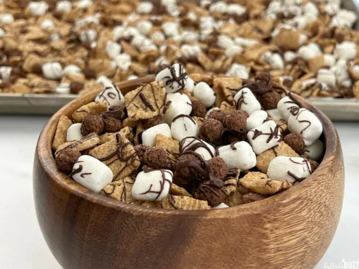 S'mores Snack Mix in wooden bowl