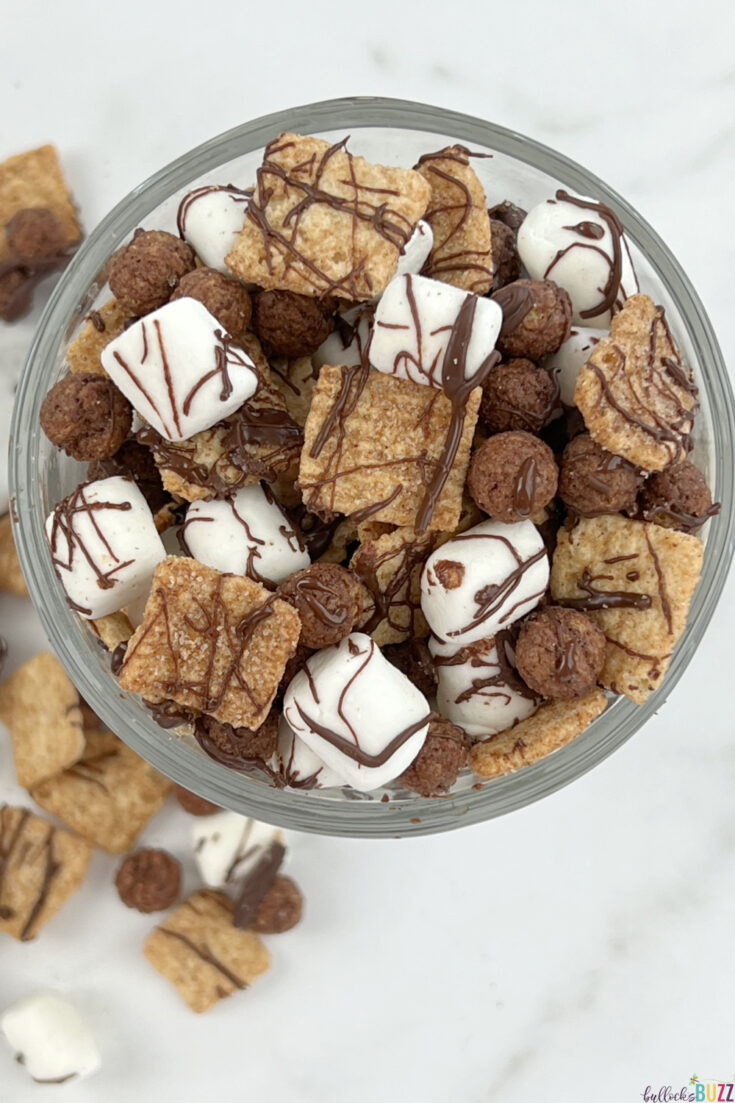 overhead image of s'mores snack mix in cup