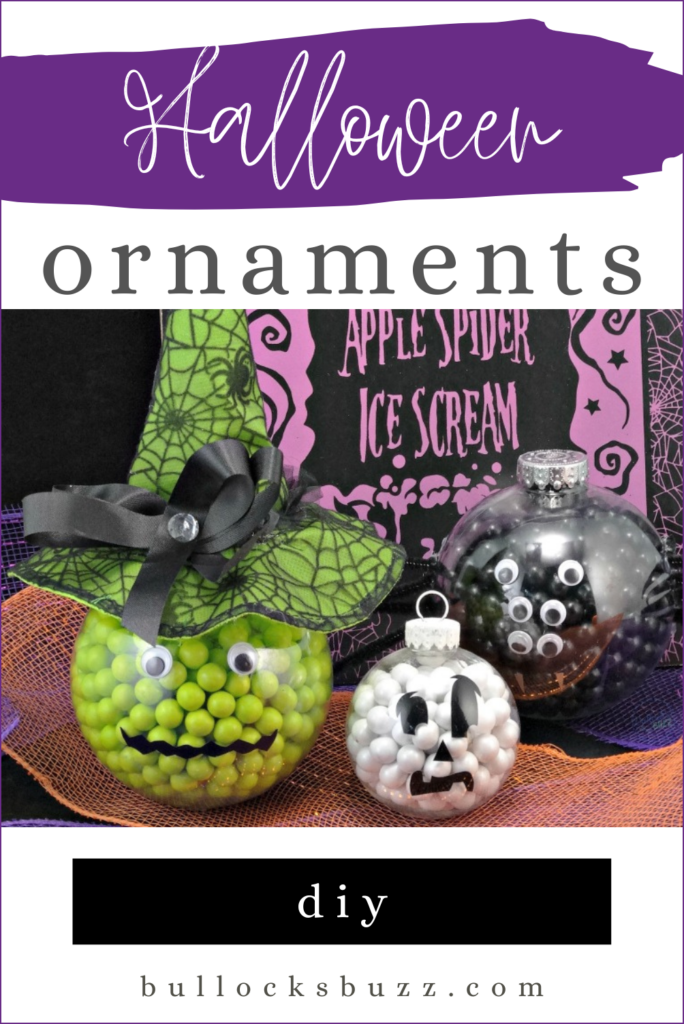 Three DIY Halloween Ornaments including a witch, a spider, and a ghost made of candy-filled plastic ornaments.