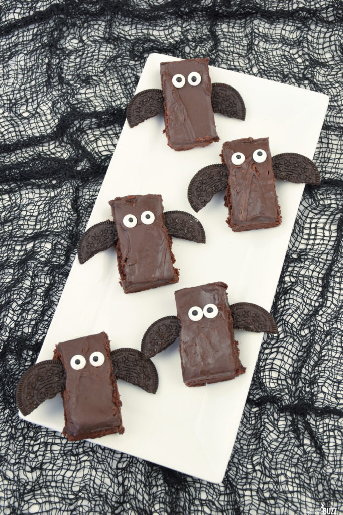 several finished halloween bat brownies on a platter